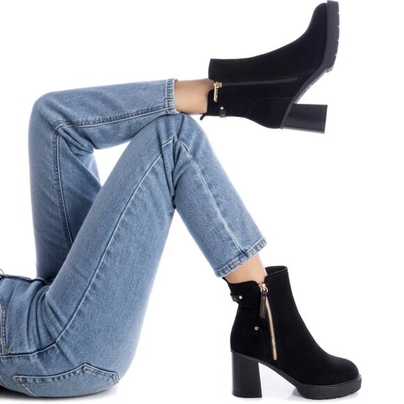 new CARMELA Suede Heeled Ankle Booties With Side Zipper And Gold Studs - Picture 1 of 8